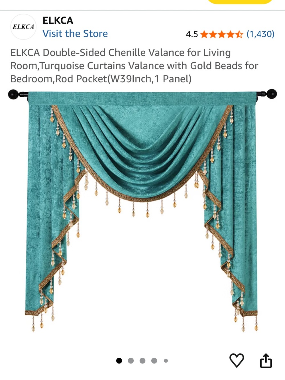 💐💐💐   2 Elk Turquoise Chenille Swag Valance with Gold Bead Trim Like NEW